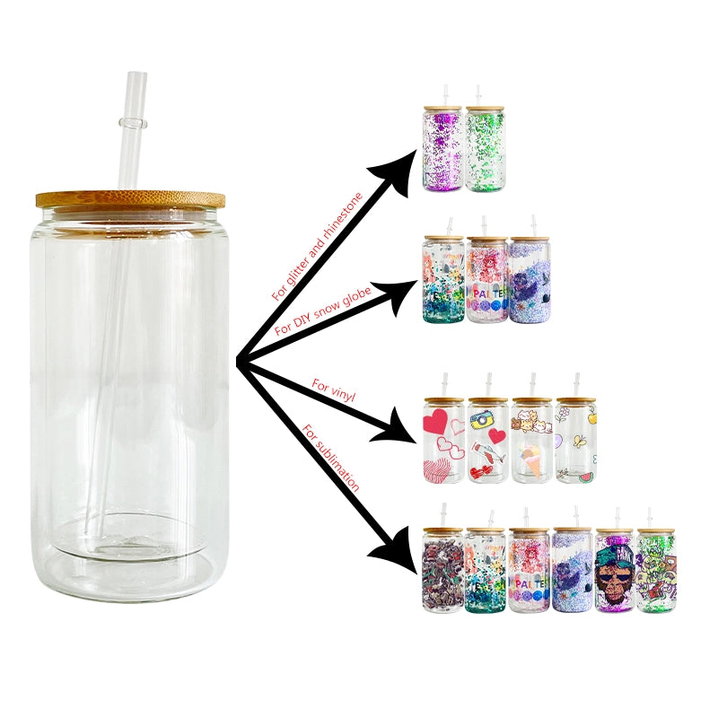 25 Pack China Warehouse 12oz 15oz 20oz Sublimation Blanks Pre Drilled Snow Globe Double Wall Glass Can With Bamboo Lid And Plastic Straw