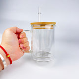 25 Pack China Warehouse 15oz double walled snow globe sublimation glass mugs with bamboo lids for glitter
