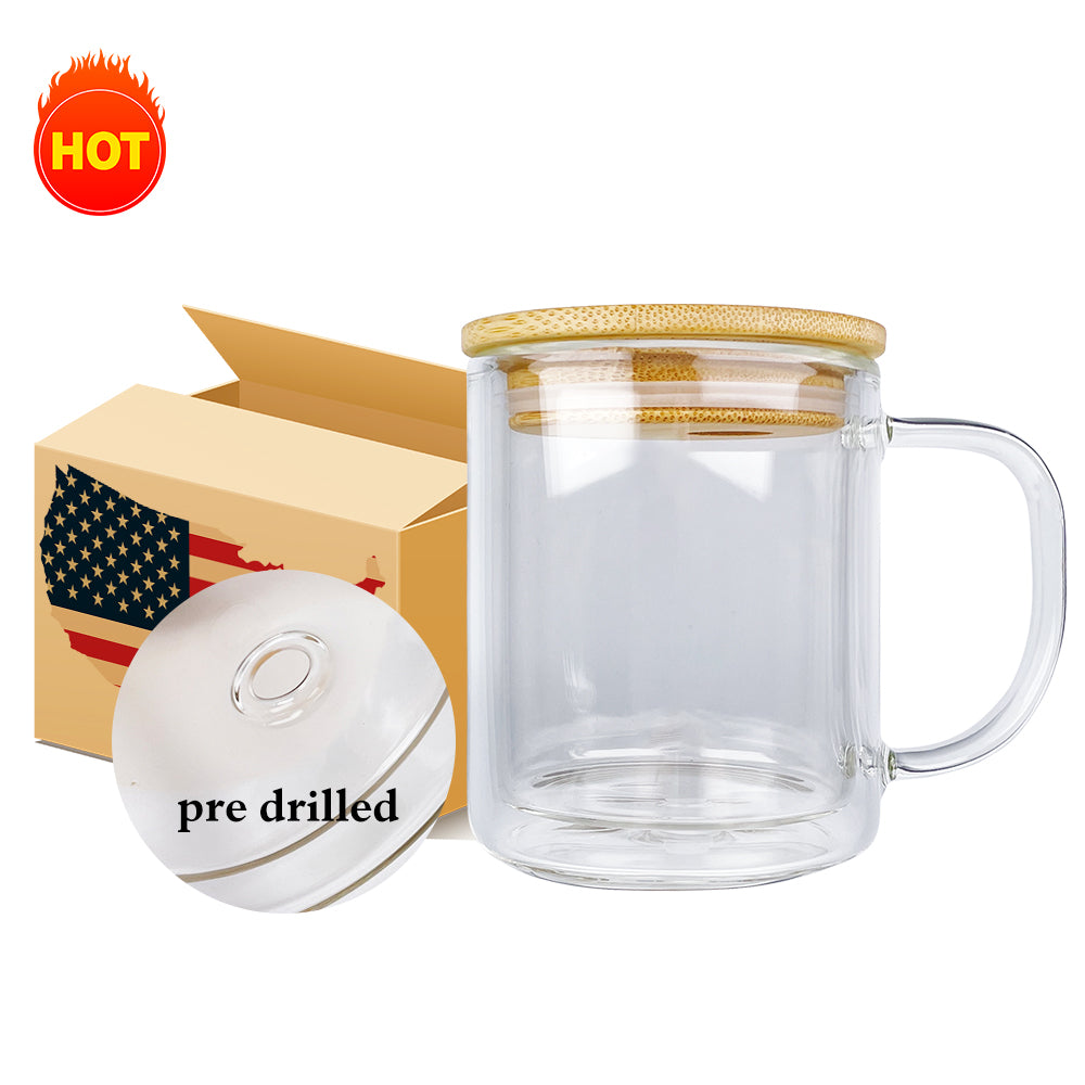 25 Pack China Warehouse 15oz double walled snow globe sublimation glass mugs with bamboo lids for glitter