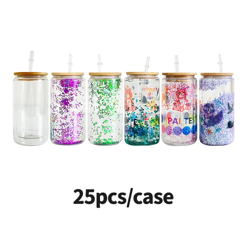 25 Pack China Warehouse 12oz 15oz 20oz Sublimation Blanks Pre Drilled Snow Globe Double Wall Glass Can With Bamboo Lid And Plastic Straw