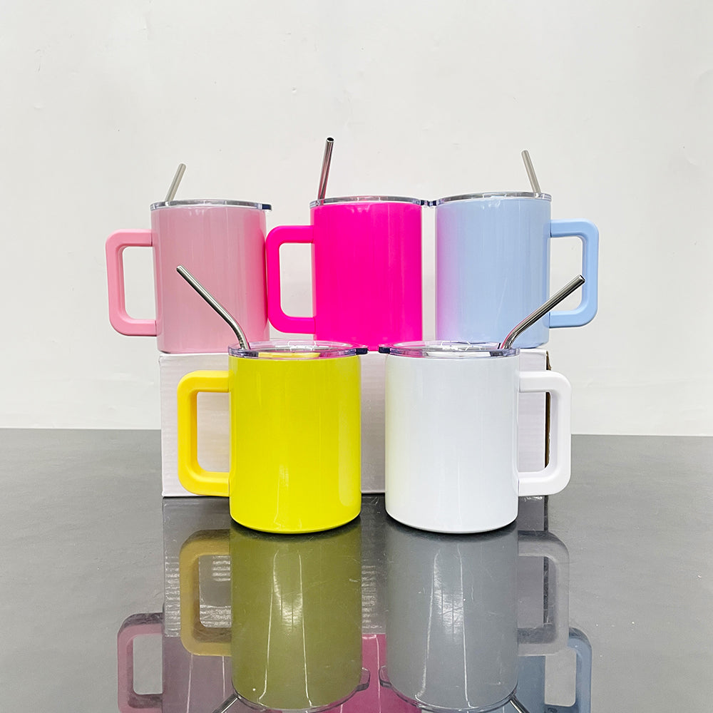 25 Pack China warehouse magnetic sliding lid colored glossy macaron blank sublimation 10oz tumbler mugs cups,10oz coffee travel mugs with removable plastic handle and metal straw