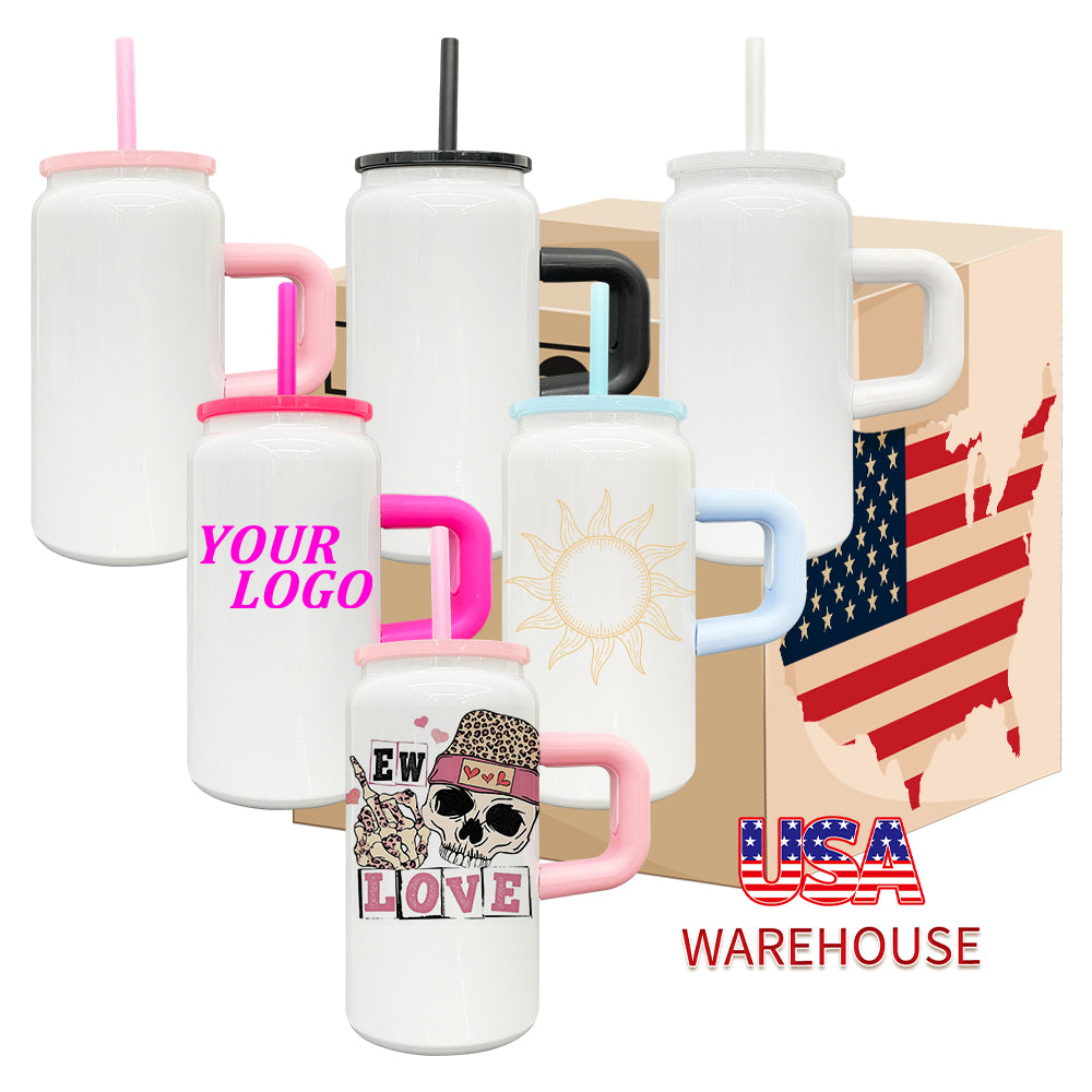 25 Pack USA warehouse white blank sublimation stainless steel 16oz soda beer can tumbler mugs with colored handle straw and lids
