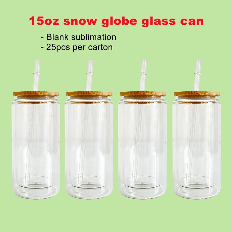 25 Pack China Warehouse 12oz 15oz 20oz Sublimation Blanks Pre Drilled Snow Globe Double Wall Glass Can With Bamboo Lid And Plastic Straw