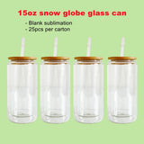 25 Pack China Warehouse 12oz 15oz 20oz Sublimation Blanks Pre Drilled Snow Globe Double Wall Glass Can With Bamboo Lid And Plastic Straw