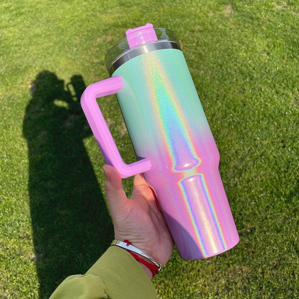 25 Pack China Warehouse H1.0 40oz Sublimation Blanks Colorful Rainbow Shimmer Glitter Travel Mug Tumbler With Handle Sold by Case