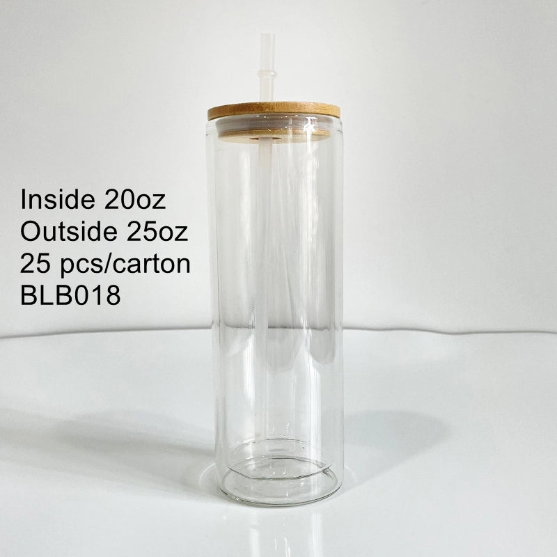 25 Pack China Warehouse 12oz 15oz 20oz Sublimation Blanks Pre Drilled Snow Globe Double Wall Glass Can With Bamboo Lid And Plastic Straw
