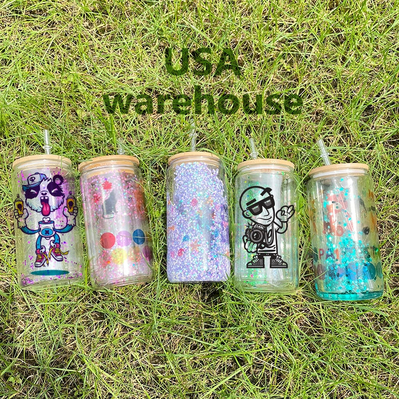 25 Pack China Warehouse 12oz 15oz 20oz Sublimation Blanks Pre Drilled Snow Globe Double Wall Glass Can With Bamboo Lid And Plastic Straw