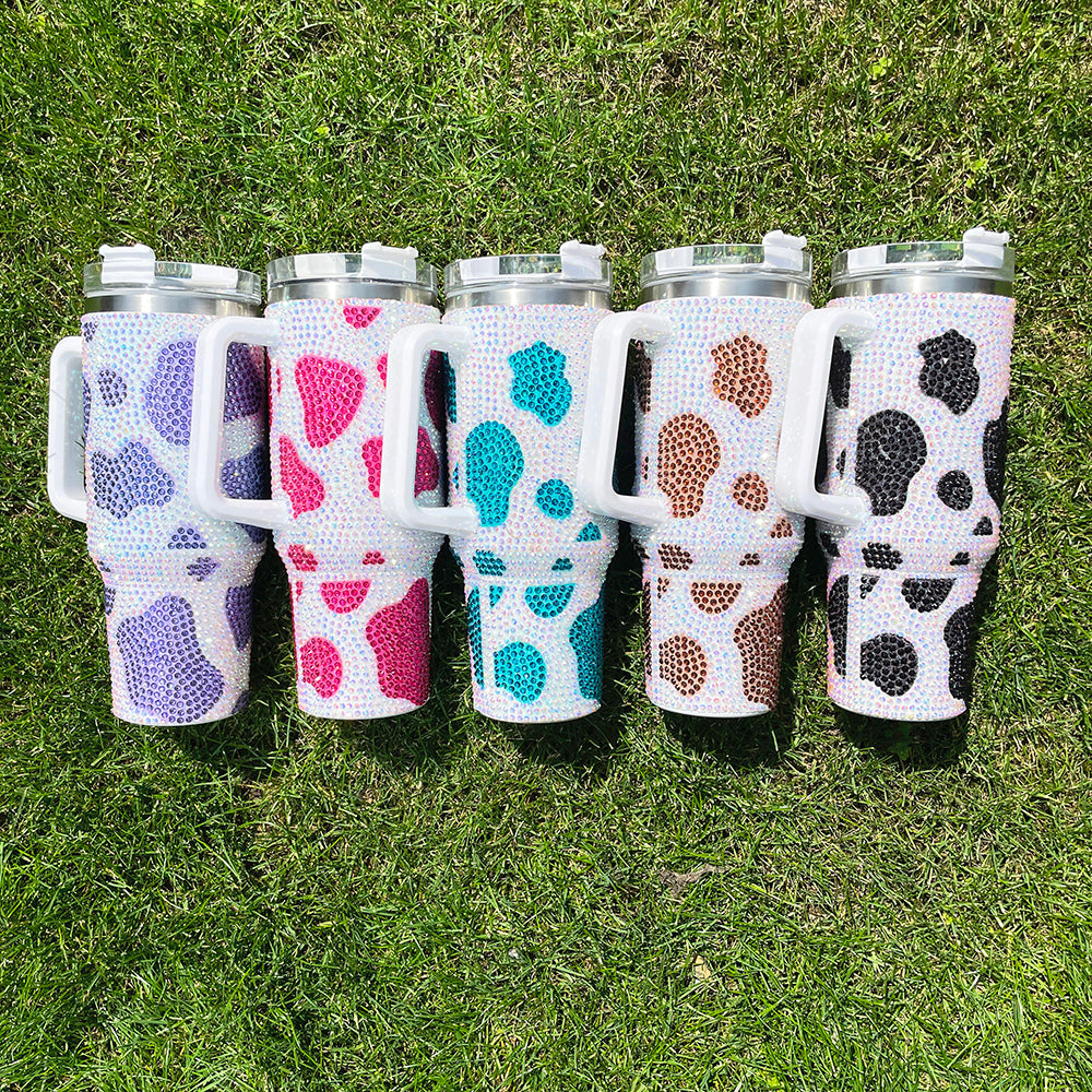 G-127 USA Pre-sale 40oz Bling Rhinestones Cow Print Tumbler Non-stick Outdoor Cups_USCC