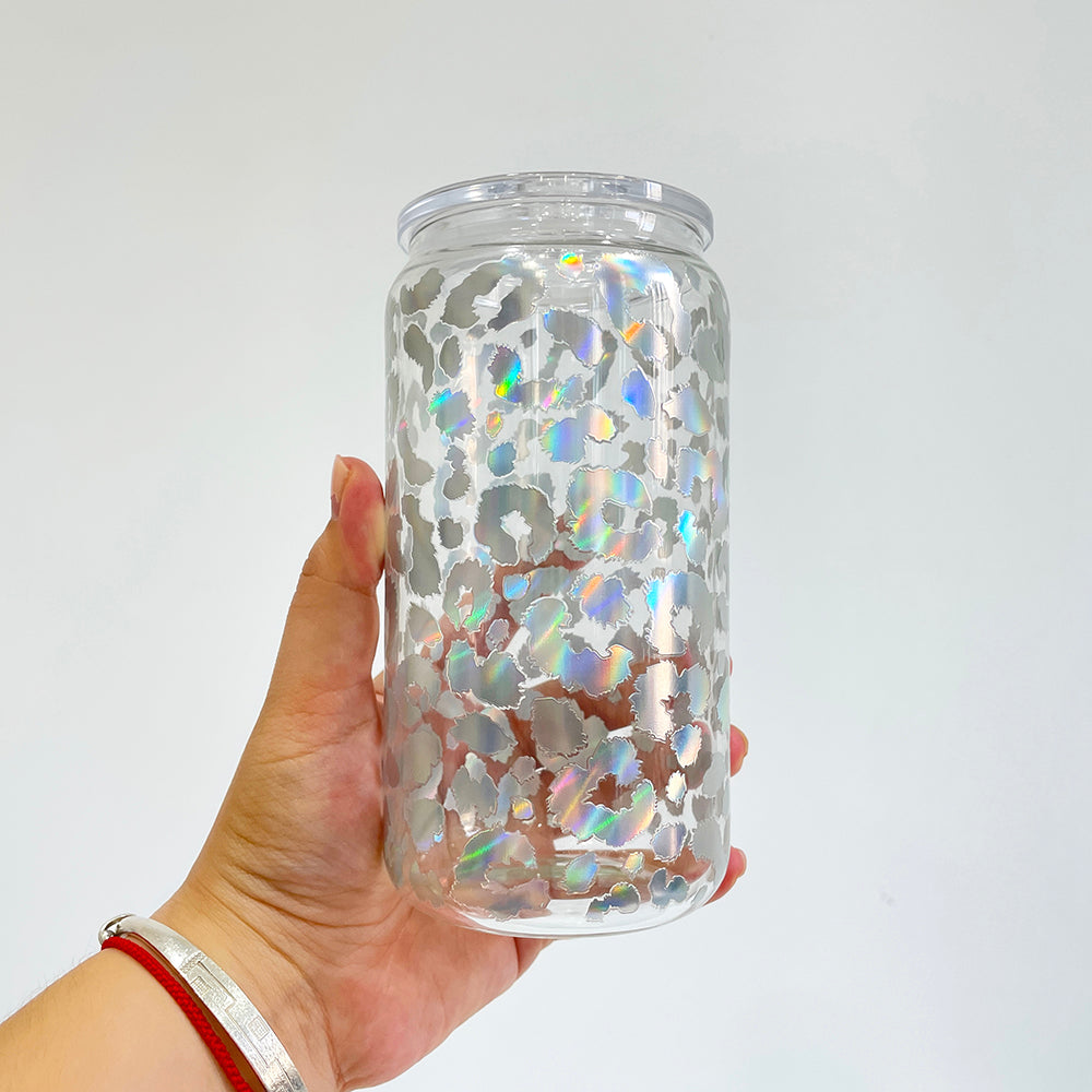 USA RTS 16oz mix color holographic leopard glass can for soda juice f--USCC