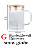 25 Pack China Warehouse 15oz double walled snow globe sublimation glass mugs with bamboo lids for glitter