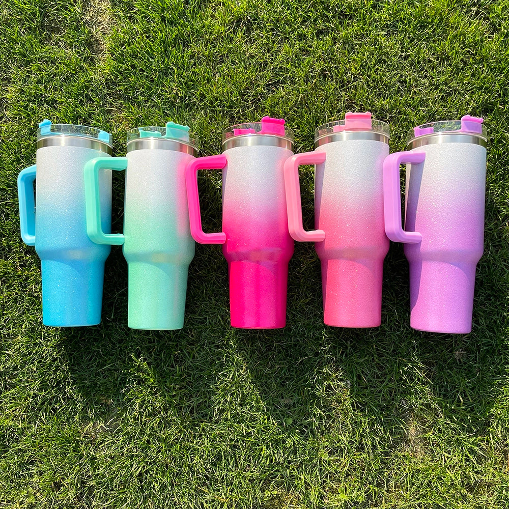 25 Pack China Warehouse HI.0 40oz Blank Sublimation Glittery Rough Powder Glitter Tumbler With Handle And Straw