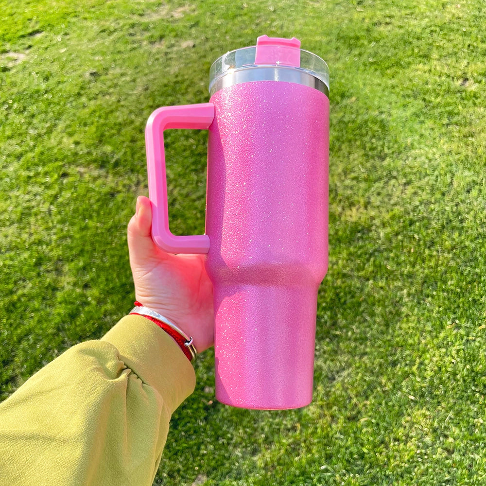 25 Pack China Warehouse HI.0 40oz Blank Sublimation Glittery Rough Powder Glitter Tumbler With Handle And Straw