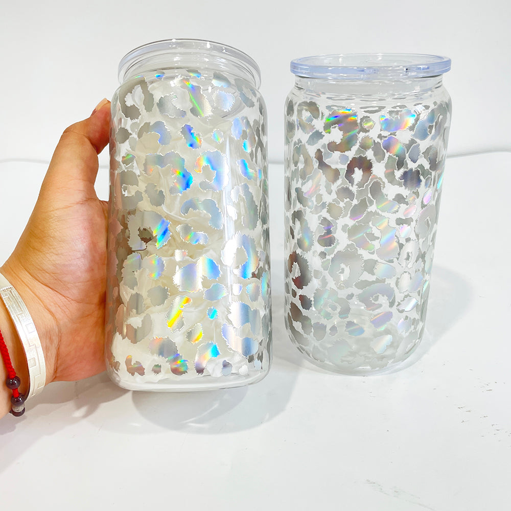 USA RTS 16oz mix color holographic leopard glass can for soda juice f--USCC