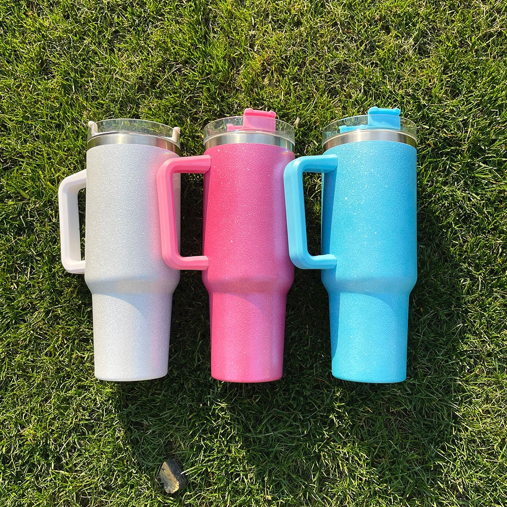 25 Pack China Warehouse HI.0 40oz Blank Sublimation Glittery Rough Powder Glitter Tumbler With Handle And Straw