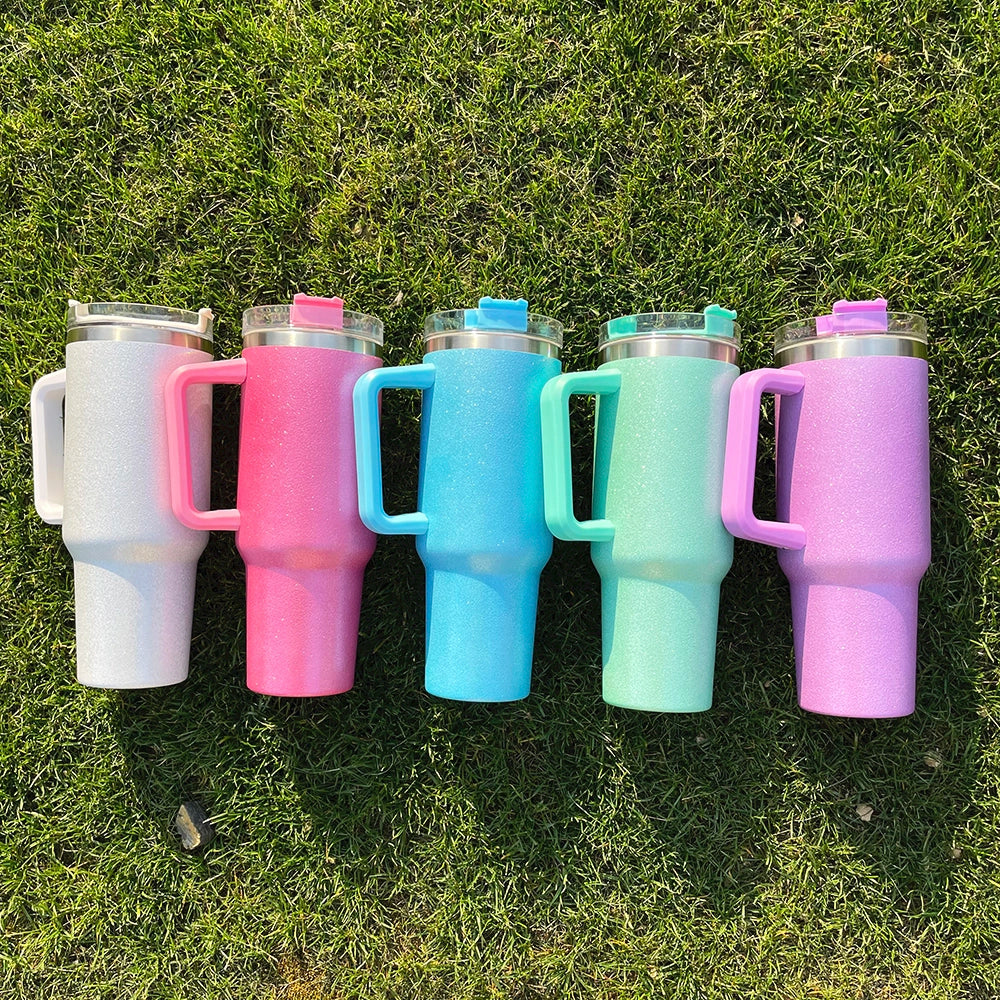 25 Pack China Warehouse HI.0 40oz Blank Sublimation Glittery Rough Powder Glitter Tumbler With Handle And Straw