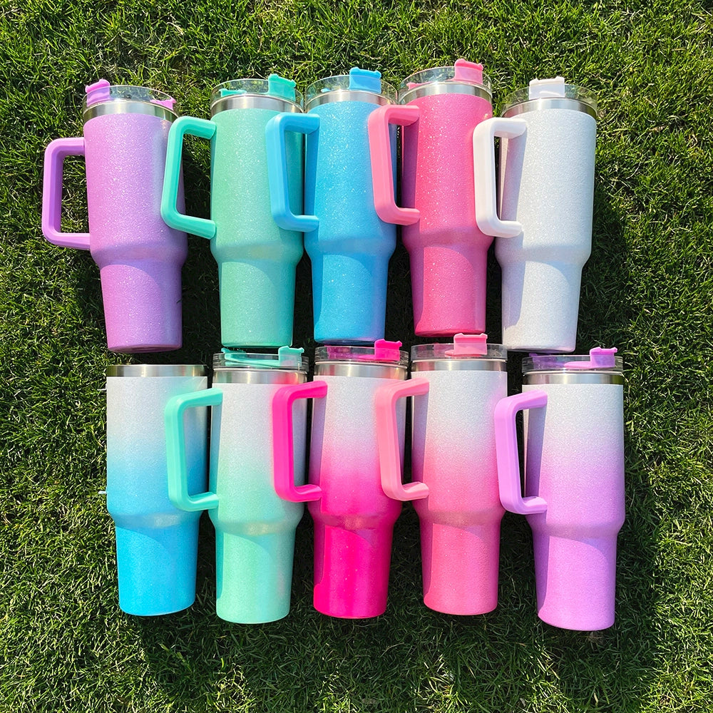 25 Pack China Warehouse HI.0 40oz Blank Sublimation Glittery Rough Powder Glitter Tumbler With Handle And Straw
