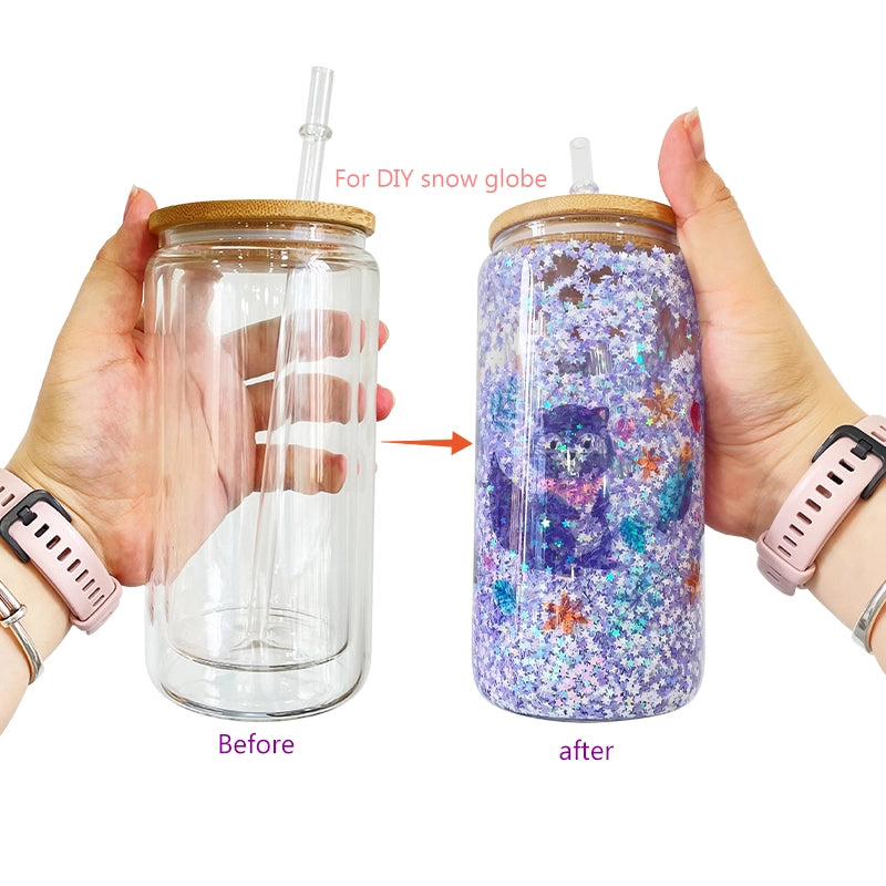25 Pack China Warehouse 12oz 15oz 20oz Sublimation Blanks Pre Drilled Snow Globe Double Wall Glass Can With Bamboo Lid And Plastic Straw