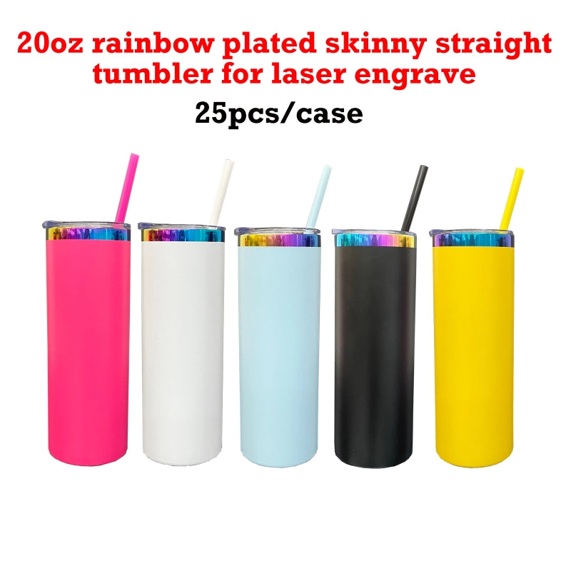 25 Pack USA Warehouse 20oz Rainbow Plated Straight Tumbler With Colored PP Straw-USDM
