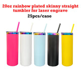 25 Pack USA Warehouse 20oz Rainbow Plated Straight Tumbler With Colored PP Straw-USDM