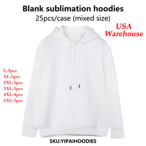 US warehouse white sublimation blanks Men &Women Hoodies mix sizes 25pcs sold by case