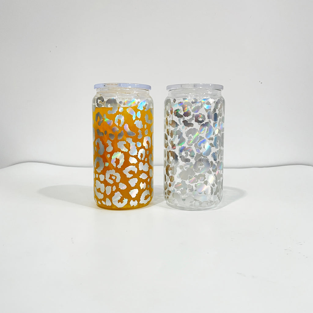 USA RTS 16oz mix color holographic leopard glass can for soda juice f--USCC