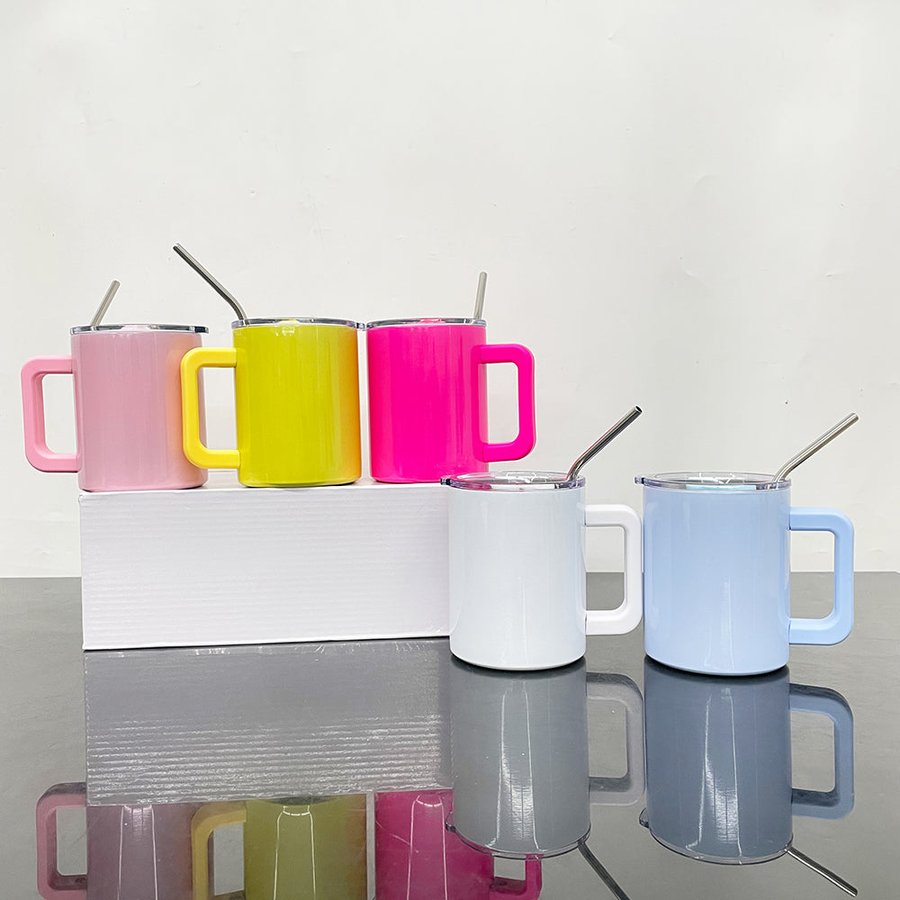 25 Pack China warehouse magnetic sliding lid colored glossy macaron blank sublimation 10oz tumbler mugs cups,10oz coffee travel mugs with removable plastic handle and metal straw