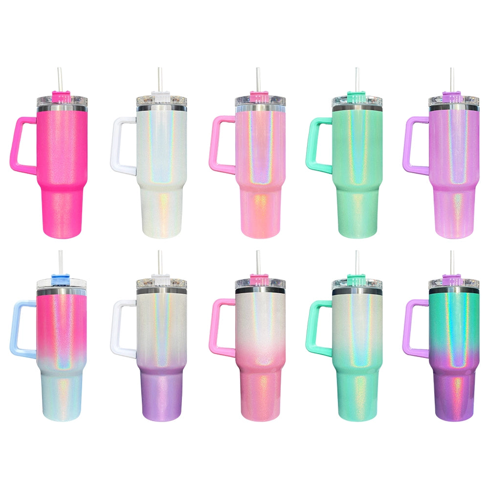 25 Pack China Warehouse H1.0 40oz Sublimation Blanks Colorful Rainbow Shimmer Glitter Travel Mug Tumbler With Handle Sold by Case