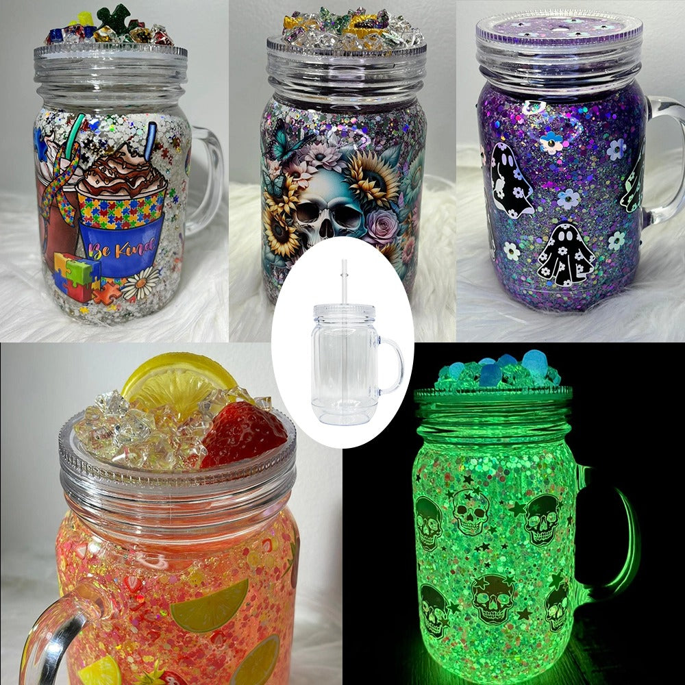 25 Pack USA Warehouse Snow Globe 20oz Plastic Mason Jars with Handles (Pre-drilled Hole and Plug)