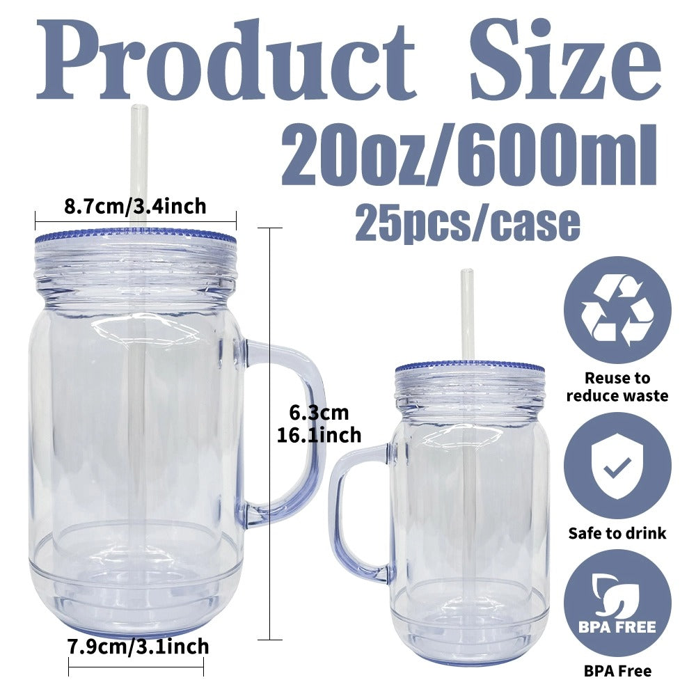 25 Pack USA Warehouse Snow Globe 20oz Plastic Mason Jars with Handles (Pre-drilled Hole and Plug)