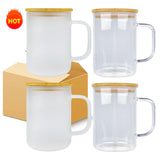 50 Pack China Warehouse 13.5oz Square Glass Mug With Handle And Bamboo Lid For Sublimation Heat Transfer Printing