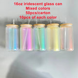 35 Pack USA Warehouse 20oz Blank Sublimation Mixed 5 Colors Iridescent Beer Glass Can With Bamboo Lid And Plastic Straw Sold By Case-USDM