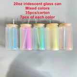 35 Pack USA Warehouse 20oz Blank Sublimation Mixed 5 Colors Iridescent Beer Glass Can With Bamboo Lid And Plastic Straw Sold By Case-USDM