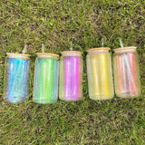 35 Pack USA Warehouse 20oz Blank Sublimation Mixed 5 Colors Iridescent Beer Glass Can With Bamboo Lid And Plastic Straw Sold By Case-USDM