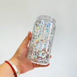 50 Pack USA Warehouse 16oz Clear Holographic Print Leopard Travel Glass Can With PP Lids