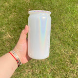 50 Pack USA Warehouse 16oz Holographic Shimmer Rainbow Color Blank Sublimation Glass Can With Bling Rhinestone Plastic Lid