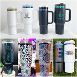 Powder coated 30oz rainbow plated tumblers with colored straw for laser engraving--USCC