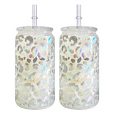 50 Pack USA Warehouse 16oz Clear Holographic Print Leopard Travel Glass Can With PP Lids