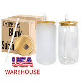 25 Pack 50 Pack USA Warehouse 16oz Sublimation Clear Frosted Beer Glass Can With Baboo lids and Plastic Straw-USDM