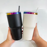 25 Pack USA Warehouse Power Coated 30oz Rainbow Plated Tumblers With Colorful Straws