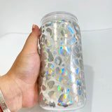 50 Pack USA Warehouse 16oz Clear Holographic Print Leopard Travel Glass Can With PP Lids