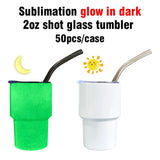 50 Pack China Warehouse Blank Sublimation Glow In Dark 2oz Shot Glass With Lid And Straw For DIY Sublimation Printing