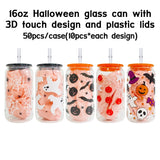 50 Pack China Warehouse 16oz Halloween Glass Can With 3D Touch Design And Plastic Lids