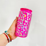 16oz Holographic Print Leopard Glass Can Drinkware With BPA Free PP Lid 50PCS Sold By Case -USDM