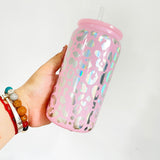 16oz Holographic Print Leopard Glass Can Drinkware With BPA Free PP Lid 50PCS Sold By Case -USDM