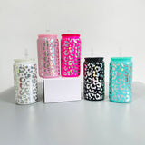 16oz Holographic Print Leopard Glass Can Drinkware With BPA Free PP Lid 50PCS Sold By Case -USDM